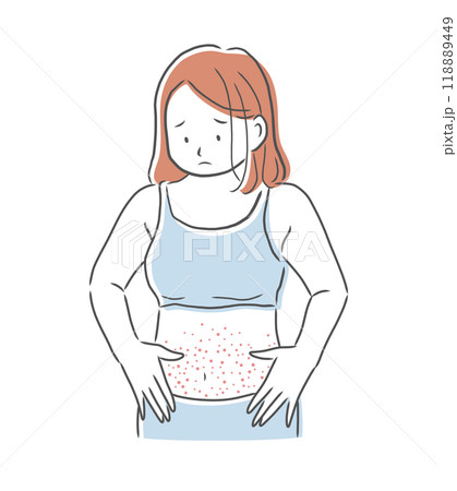 お腹が肌荒れして困り顔の女性のイラスト素材 118889449