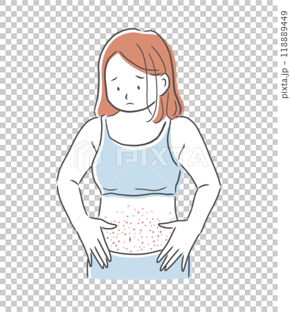 Illustration material of a woman with a troubled face and rough skin on her stomach 118889449