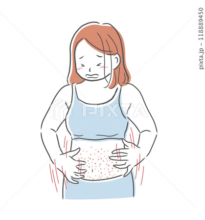 肌荒れしたお腹を搔きむしる女性のイラスト素材 118889450