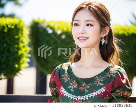 公園のベンチに座る女性 118889636