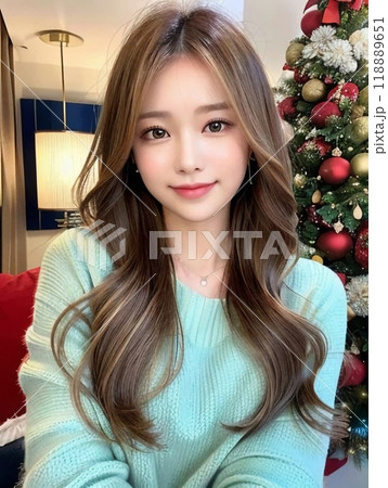 クリスマスツリーの前に立つ若い女性 118889651