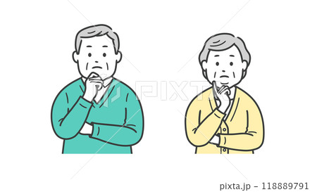 顔に手を当てて悩む高齢者男女の上半身イラスト 118889791
