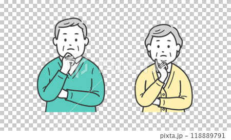 顔に手を当てて悩む高齢者男女の上半身イラスト 118889791