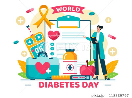 World Diabetes Day Vector Illustration on 14 November with Doctors Testing Blood for Glucose and Measuring Sugar in a Flat Style Cartoon Background World Diabetes Day Vector Illustration on 14 November with Doctors Testing Blood for Glucose and Measuring Sugar in a Flat Style Cartoon Background 118889797