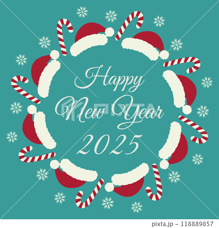 Candy Cane, Santa hat and snowflakes Festive Round Frame border with Happy New Year 2025 lettering 118889857