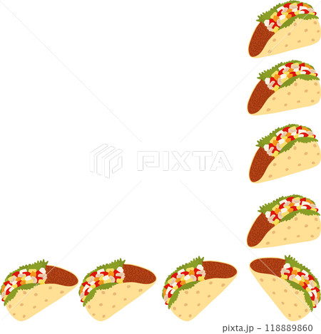 Tacos wit meet and vegetables sauces and green salad. Mexican eating Corner bottom frame border 118889860