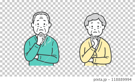 Upper body illustration of an elderly man and woman worried with their hands on their face 118889994