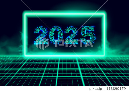 Happy new year 2025 greeting card, numbers from a polygonal wireframe mesh with glowing neon frame. Abstract background. Vector illustration. Happy new year 2025 greeting card, numbers from a polygonal wireframe mesh with glowing neon frame. Abstract background. Vector illustration. 118890179