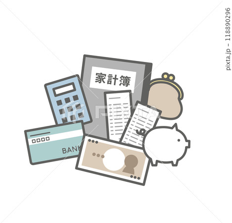 お金と家計簿、電卓、通帳、お財布、レシート、貯金箱のイラスト 118890296