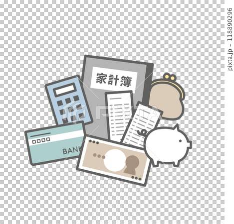 お金と家計簿、電卓、通帳、お財布、レシート、貯金箱のイラスト 118890296