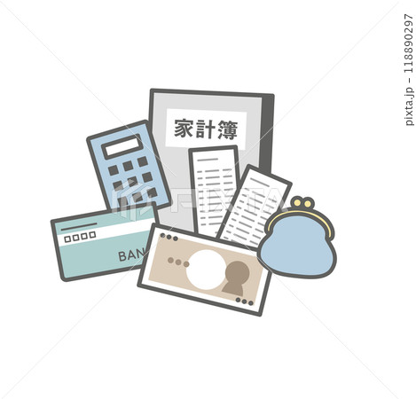 お金と家計簿、電卓、通帳、お財布、レシートのイラスト お金と家計簿、電卓、通帳、お財布、レシートのイラスト 118890297
