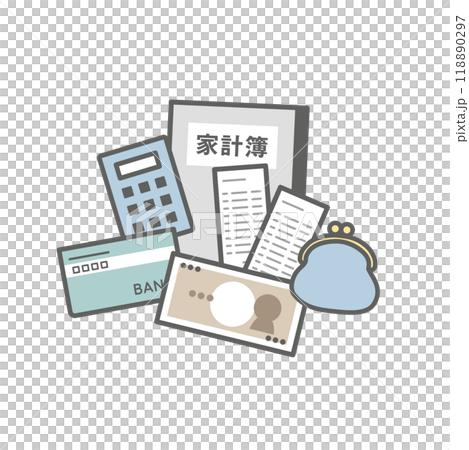 Illustration of money and household account book, calculator, bankbook, wallet, and receipt 118890297