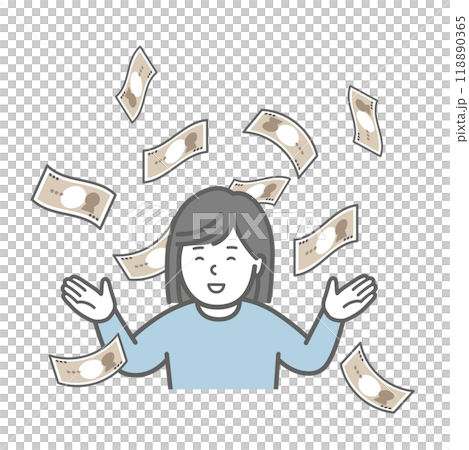 Illustration of flying money and a woman 118890365