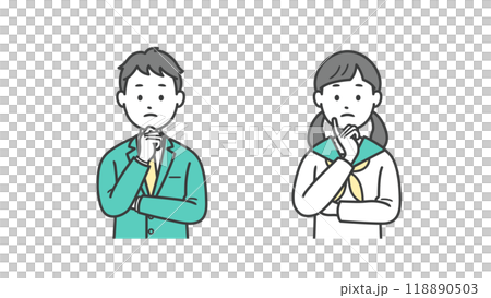 顔に手を当てて悩む男女の学生の上半身イラスト 118890503