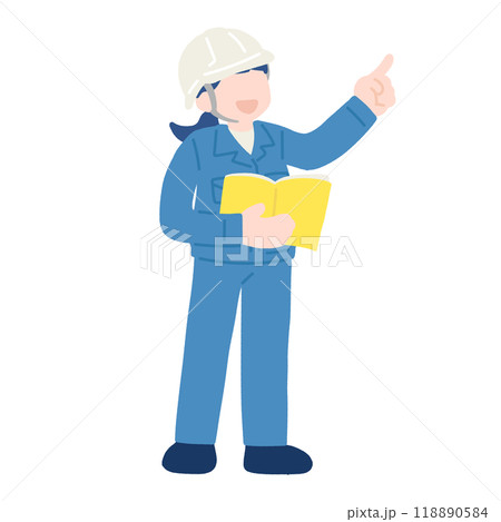 書類を持ち斜め上を指さして立つヘルメットをかぶった作業服の女性のフラットなイラスト 118890584