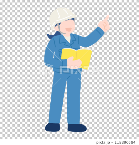 書類を持ち斜め上を指さして立つヘルメットをかぶった作業服の女性のフラットなイラスト 118890584