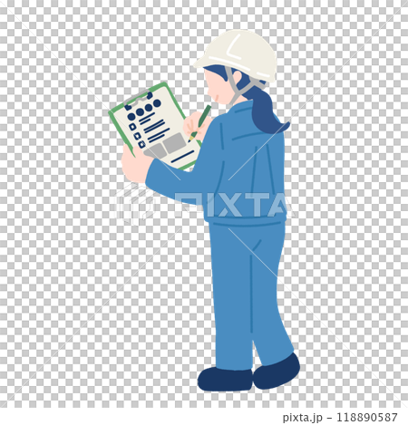 立ってチェックをするヘルメットをかぶった作業服の女性[後ろ姿]のフラットなイラスト 118890587