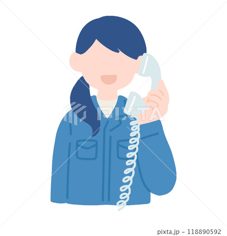 固定電話で通話している作業服の女性のフラットなイラスト 118890592