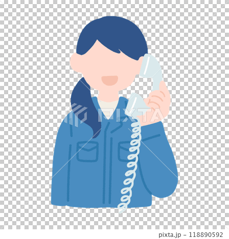 固定電話で通話している作業服の女性のフラットなイラスト 118890592