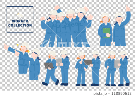 Flat illustrations (set) of multiple women in helmets and work clothes Flat illustrations (set) of multiple women in helmets and work clothes 118890612