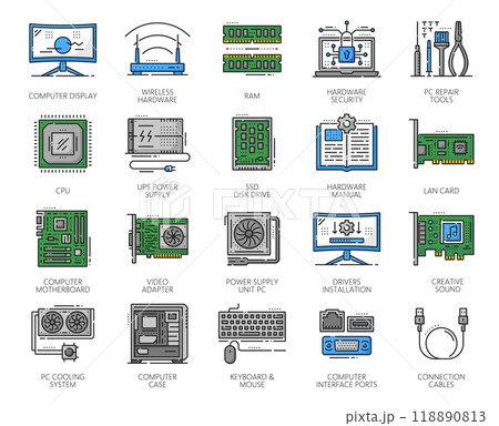 Software and hardware of computer, color line vector icons of PC and laptop components. Computer display and power supply unit, CPU processor and HDD drive disk, SSD memory storage and motherboard Software and hardware of computer, color line vector icons of PC and laptop components. Computer display and power supply unit, CPU processor and HDD drive disk, SSD memory storage and motherboard 118890813