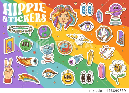 Stickers pack of groovy hippie symbols in psychedelic retro cartoon, vector icons. 70s groovy hippie stickers of girl head with rainbow hair and love or peace sign, funky freaky smile emoji and flower 118890829