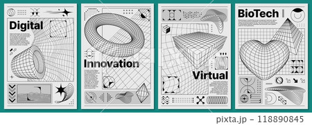 Brutalism y2k posters with retro grid and 3d abstract shapes. Vector futuristic, brutal digital innovation and biotech black and white templates with 3d wireframe pattern and three dimensional figures 118890845