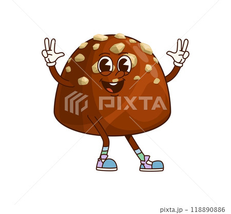 Groovy chocolate candy character with cheerful and sweet expression, adorned with nut toppings, wearing colorful sneakers and flashing peace sign with both hands, exudes a fun, playful, and retro vibe Groovy chocolate candy character with cheerful and sweet expression, adorned with nut toppings, wearing colorful sneakers and flashing peace sign with both hands, exudes a fun, playful, and retro vibe 118890886