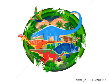 Paper cut prehistoric era landscape with dinosaurs characters within round layered 3d vector frame. Dino species in jungle forest with a volcano, emphasizing the dynamic and diverse Jurassic world Paper cut prehistoric era landscape with dinosaurs characters within round layered 3d vector frame. Dino species in jungle forest with a volcano, emphasizing the dynamic and diverse Jurassic world 118890933