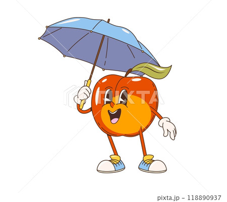 Retro cartoon groovy nectarine fruit character holding umbrella. Isolated vector anthropomorphic peach or apple fruit with a green leaf, cheerful face expression, and vintage sneakers under the rain Retro cartoon groovy nectarine fruit character holding umbrella. Isolated vector anthropomorphic peach or apple fruit with a green leaf, cheerful face expression, and vintage sneakers under the rain 118890937