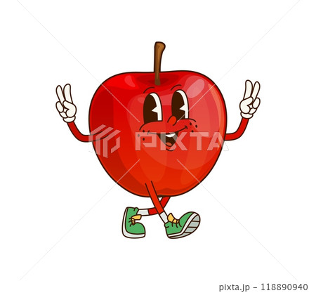 Cartoon groovy red apple Thanksgiving character with cheerful expression, showing peace signs with both hands. Isolated vector ripe, fresh, holiday fruit personage exudes a playful festive autumn vibe 118890940