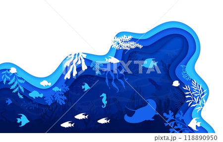 Underwater landscape in paper cut style featuring a variety of marine life inside of layered 3d vector frame with blue ocean or sea depth, teeming with fish, seaweed, stingray and coral silhouettes 118890950