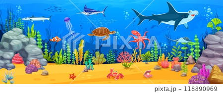 Cartoon underwater landscape, game background with sea animals like a shark, fish shoals and turtle, swordfish, octopus and jellyfish swimming between seaweeds. Vector seafloor wallpaper or game level Cartoon underwater landscape, game background with sea animals like a shark, fish shoals and turtle, swordfish, octopus and jellyfish swimming between seaweeds. Vector seafloor wallpaper or game level 118890969