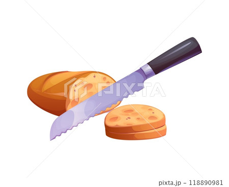 Bread slicing process with a knife. Isolated cartoon vector freshly baked loaf of bread and a serrated knife tool, emphasizing the culinary preparation, kitchen activities, bakery and cooking themes 118890981