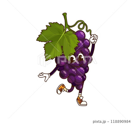 Cartoon groovy grape fruit thanksgiving character. Isolated vector playful bunch of grapes personage with a green leaf, exuding funky joy and retro energy with lively pose and cheerful expression 118890984