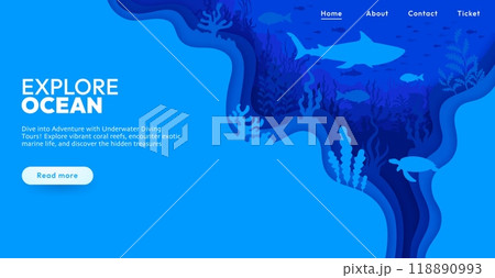 Landing page with paper cut underwater landscape. Vector web banner featuring a variety of marine life like shark, fish and turtle among coral reefs inviting adventure and exploration for diving tours Landing page with paper cut underwater landscape. Vector web banner featuring a variety of marine life like shark, fish and turtle among coral reefs inviting adventure and exploration for diving tours 118890993