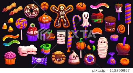 Cartoon Halloween holiday sweets and desserts, vector trick or treat food. Halloween candies, pumpkin lollipops and cupcakes, chocolate cakes, eyeball and corn candies. Ghost, skull, mummy sweets 118890997