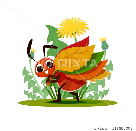 Cartoon ant pick up leaves carrying to anthill for house, vector funny insect character. Happy smiling ant carrying autumn leaf bunch, walking among field flowers for child cartoon story illustration 118891003