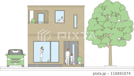 住宅の外観と親子家族と自家用車がある風景のイラスト 118891074
