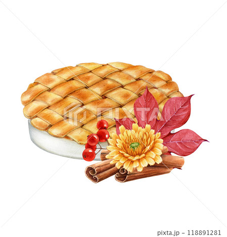 Apple pie baked dessert with flower decor. Watercolor painted illustration. Hand drawn autumn season sweet pastry with cinnamon pile, flower and fallen leaves on white background Apple pie baked dessert with flower decor. Watercolor painted illustration. Hand drawn autumn season sweet pastry with cinnamon pile, flower and fallen leaves on white background 118891281