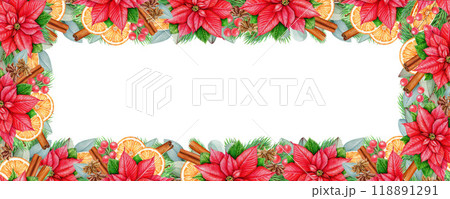 Winter season floral frame decor vintage style illustration. Bright Christmas traditional decoration with pine, eucalyptus, poinsettia flower, orange slices, cinnamon. Winter festive decor isolated Winter season floral frame decor vintage style illustration. Bright Christmas traditional decoration with pine, eucalyptus, poinsettia flower, orange slices, cinnamon. Winter festive decor isolated 118891291