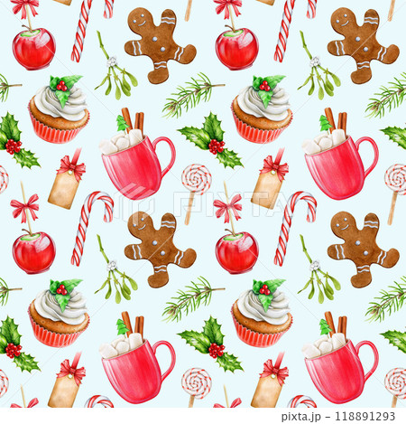 Traditional Christmas treats seamless pattern decor element. Watercolor vintage style illustration. Hand drawn traditional winter dessert cupcake, gingerbread man cookie, candy cane and hot chocolate Traditional Christmas treats seamless pattern decor element. Watercolor vintage style illustration. Hand drawn traditional winter dessert cupcake, gingerbread man cookie, candy cane and hot chocolate 118891293