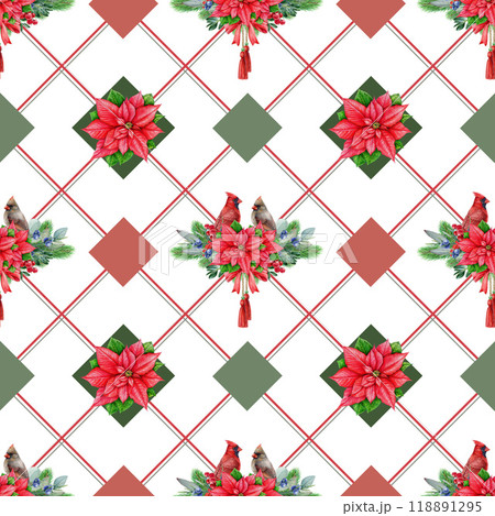 Winter season festive seamless pattern in traditional colors. Watercolor illustration. Hand drawn bright Christmas time seamless pattern design element with red cardinal birds on white background 118891295