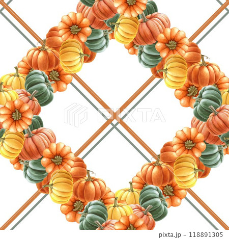 Autumn pumpkins seamless pattern in warm colors. Watercolor illustration. Hand drawn different autumn ripe pumpkins decoration element. Thanksgiving collection festive seamless geometric ornament Autumn pumpkins seamless pattern in warm colors. Watercolor illustration. Hand drawn different autumn ripe pumpkins decoration element. Thanksgiving collection festive seamless geometric ornament 118891305