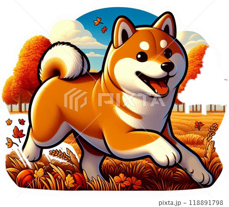 笑顔で秋の野原を駆け回る柴犬のイラスト素材 [118891798] - PIXTA