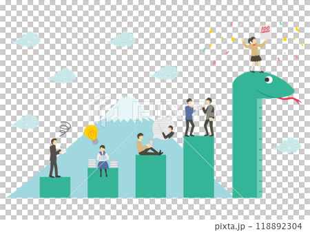 Illustration of a graph with a snake, Mt. Fuji, students and a teacher_2 118892304