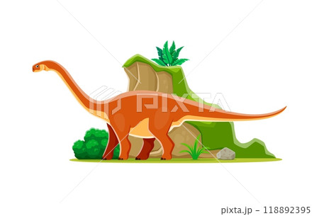 Cartoon prehistoric cetiosaurus dinosaur character. Isolated vector genius sauropod dino from the Middle Jurassic period. Ancient herbivore reptile animal with a long neck amidst prehistoric landscape 118892395