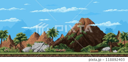 8 bit pixel art arcade game prehistoric landscape of jungle forest with palm trees, vector background. 8bit arcade video game level landscape with prehistoric era volcano mountains and cave rocks 8 bit pixel art arcade game prehistoric landscape of jungle forest with palm trees, vector background. 8bit arcade video game level landscape with prehistoric era volcano mountains and cave rocks 118892403