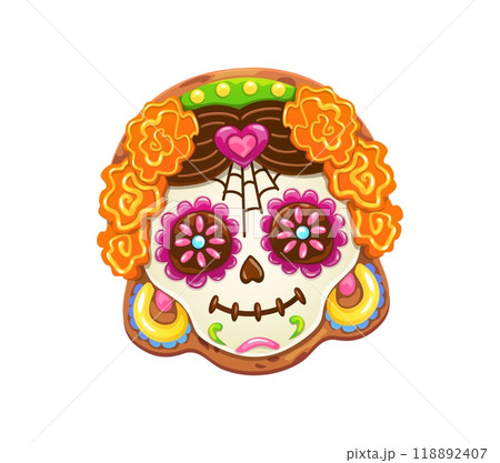 Mexican Dia de Los Muertos calavera skull cookie or biscuit cake for Dead Day holiday, cartoon vector. Mexican Catrina calavera sugar skull biscuit cookie with marigold flowers and hearts for Dead Day Mexican Dia de Los Muertos calavera skull cookie or biscuit cake for Dead Day holiday, cartoon vector. Mexican Catrina calavera sugar skull biscuit cookie with marigold flowers and hearts for Dead Day 118892407