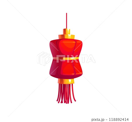 Cartoon Chinese festival red lantern, Asian Chinatown lamp, symbolizing cultural celebrations and heritage. Traditional festival or Chinatown decoration with gold accents and a tassel at the bottom 118892414